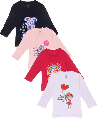 MINI MYN Girls Printed Cotton Blend T Shirt(Multicolor, Pack of 4)