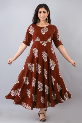 CAPTIAN Women Printed Flared Kurta(Brown)