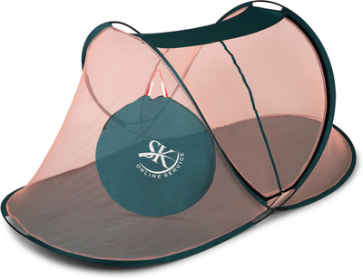 SK Online Services Polyester Adults Washable Polyester Adults Single Bed Foldable Mosquito Net, Macchardani with Cloth base (Size:L x W X H : 7 x 3.5 x 3.16 Feet) Two Side Slider Gate with high Quality Zip Mosquito Net(Beige, Tent)