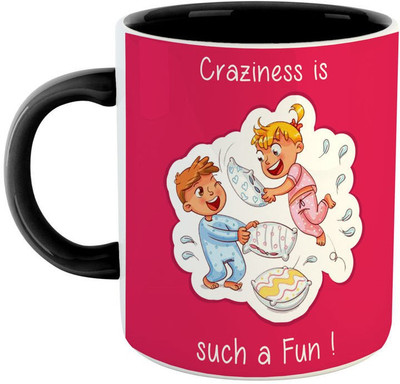 ARTBUG Craziness is such a Fun Ceramic Coffee - Best Gift for Brother/Sister on Birthday, Rakhi, Raksha Bandhan, Bhai Dooj - Black Ceramic Coffee Mug(350 ml)