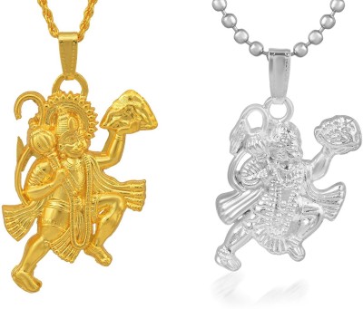 morir Set of 2 Gold/Silver Finish Flying Hanuman Bajrangbali Religious Pendant Necklace Set Temple Jewelry for Teens Women Men Gold-plated, Silver Brass Pendant
