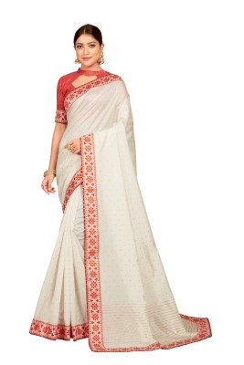 Duggad Creation Embroidered Jamdani Jacquard Saree(White)