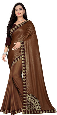 ShiVAdit Ethnic Embroidered Assam Silk Silk Blend, Lycra Blend Saree(Brown)