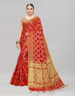 Samah Striped, Woven, Embellished Patola Cotton Silk Saree(Red)