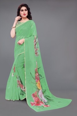 MIRCHI FASHION Printed, Floral Print Bollywood Organza Saree(Multicolor, Green)