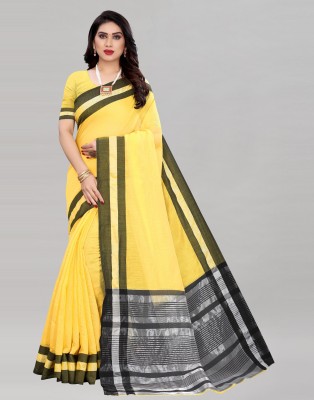 Samah Dyed, Striped, Woven Banarasi Cotton Silk Saree(Yellow, Black)