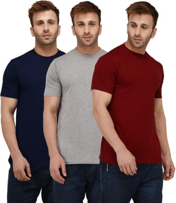 London Hills Solid Men Round Neck Dark Blue, Maroon, Grey T-Shirt