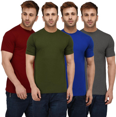 London Hills Solid Men Round Neck Dark Green, Maroon, Blue, Grey T-Shirt