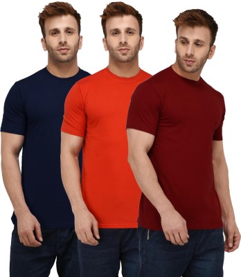 London Hills Solid Men Round Neck Dark Blue, Red, Maroon T-Shirt