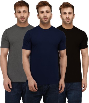 London Hills Solid Men Round Neck Dark Blue, Black, Grey T-Shirt