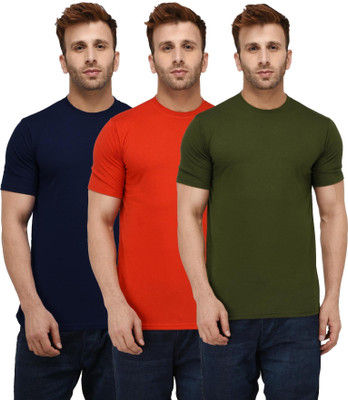 London Hills Solid Men Round Neck Dark Blue, Dark Green, Red T-Shirt