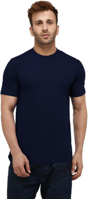 London Hills Solid Men Round Neck Dark Blue T-Shirt