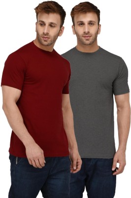 London Hills Solid Men Round Neck Maroon, Grey T-Shirt