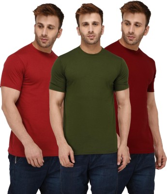 London Hills Solid Men Round Neck Dark Green, Maroon T-Shirt