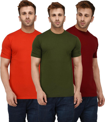 London Hills Solid Men Round Neck Dark Green, Red, Maroon T-Shirt