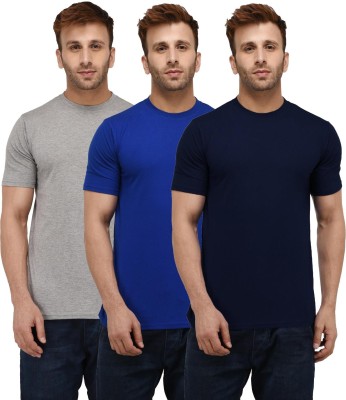 London Hills Solid Men Round Neck Dark Blue, Blue, Grey T-Shirt