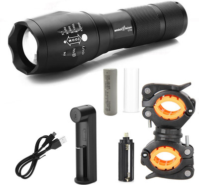 amiciVision Flashlight LED Tactical Flashlight Best XML T6 Water Resistance 5 Modes Adjustable Focus Torch with Bicycle Mount, Rechargeable Battery and Charger Torch(Black, 15 cm, Rechargeable)