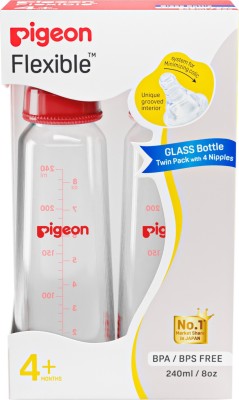 Pigeon GLASS BOTTLE 240ML PINK & RED WITH ADD NIPPLE M-TWIN PACK - 240 ml(TRANSPARENT)