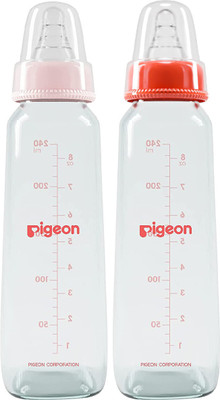 Pigeon GLASS BOTTLE 240ML PINK & RED WITH ADD NIPPLE L-TWIN PACK - 240 ml(TRANSPARENT)