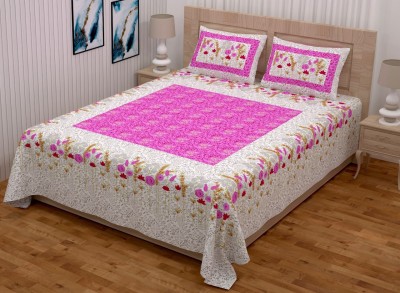 M&M INDIA 160 TC Cotton Double Floral Flat Bedsheet(Pack of 1, Pink, White)