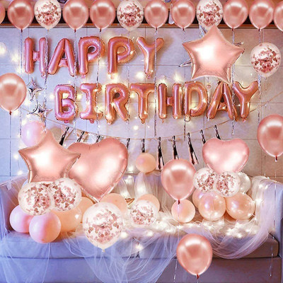 Realistic Store Solid Happy Birthday Rose Gold Foil with HD Metallic Balloons Foil Heart & Star Balloons Decoration Kit Balloon(Pink, Pack of 42)