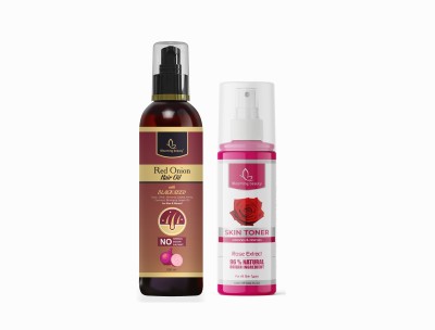 Blooming beauty Red Onion Hair Oil with Black Seed(200ml) and Refreshes & Cleanses Rose Extract Skin Toner(100ml)(2 Items in the set)