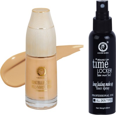 COLORS QUEEN Excellence Flawless Oil-Free Perfect Coverage With Primer Base Foundation ( Medium Beige ) Professional Makeup Fixer Spray(2 Items in the set)