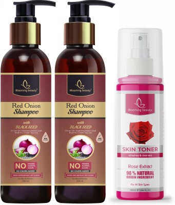 Blooming beauty Red Onion Shampoo with Black Seed 2pic(200ml) and Rose Extract Skin Toner(100ml) Combo(3 Items in the set)