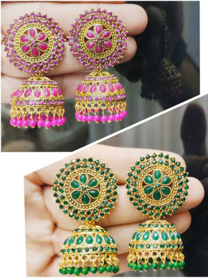 TANLOOMS Elegant Ani Combo Set Of 2 Pcs Daily Wear & Party Wear Jhumkas for Girls and Women.( Pink & Green Color ) Brass Jhumki Earring