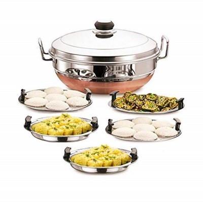 Strobine All-in-One Stainless Steel Copper Bottom Idli Cooker Multi Kadai Steamer Copper Bottom With Lid, Big Size with 5 Plates 2 Idli, 2 Dhokla, 1 Patra Plate Induction & Standard Idli Maker Multi Kadhai,Pot Pan Set Combo Tope Copper Tapeli/Patila/Cookware/Dhokaliyu/Dhokla Maker, Patra Maker Cooki