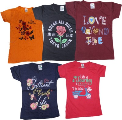 MORVIKA Girls Printed Pure Cotton T Shirt(Multicolor, Pack of 5)