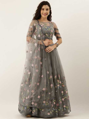 FULPARI Floral Print Semi Stitched Lehenga Choli(Grey)