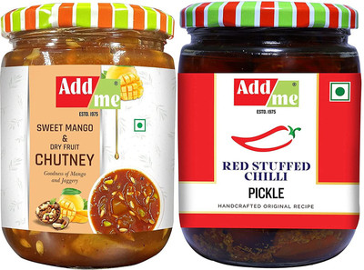 Add me Sweet Navratan Mango Chutney Pickle with Dry Fruits 600gm & Red Stuffed Chilli Pickle lal mirch achar 500gm Pickles Glass Jar Red Chilli, Mango Pickle(2 x 0.55 kg)