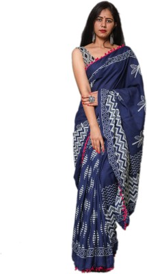 Vanedik Blocked Printed Daily Wear Pure Cotton Saree(Dark Blue)