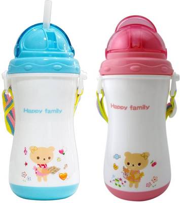 Kidsify Baby Opaque Soft Straw Sipper White Anti Spill Sippy Cup with Adjustable Strap for Baby &amp; Kids Water Bottle/Juice Sipper BPA Free 350ML (Pack of 2)  (Blue,Pink)