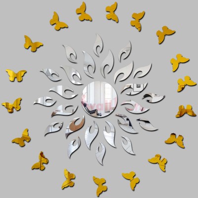 DAKSHITA 70 cm Sun Silver With 20 Butterfly Golden (Sun Size 45 cm x 45 cm) Thickness 1 mm, Acrylic Sticker, Wall Mirror Stickers, Mirror Stickers for Wall. Self Adhesive Sticker(Pack of 1)