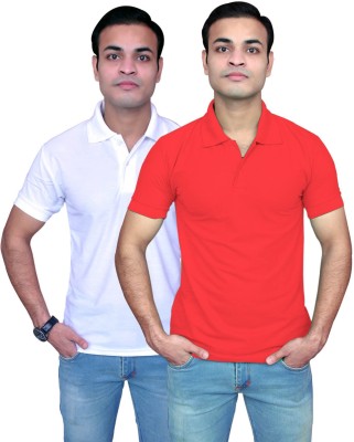 Welo Solid Men Polo Neck Red, White T-Shirt