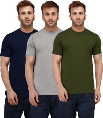 London Hills Solid Men Round Neck Dark Blue, Dark Green, Grey T-Shirt
