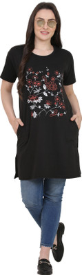 CRAFTLY Printed, Floral Print Women Round Neck Black T-Shirt