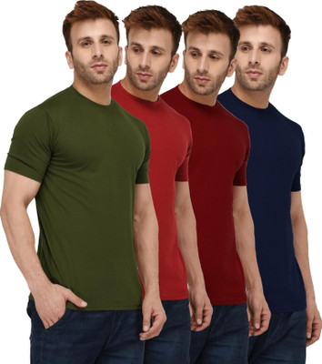 London Hills Solid Men Round Neck Dark Blue, Dark Green, Maroon T-Shirt