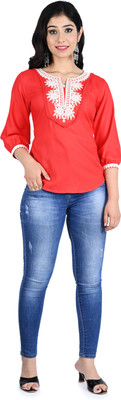 Hi Fashion Casual Embroidered Women Red Top