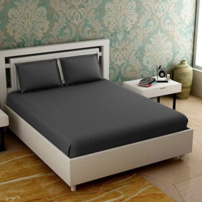 HELGA 210 TC Satin Double Striped Flat Bedsheet(Pack of 1, Grey)