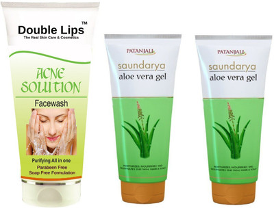 DOUBLE LIPS ALOEVERA GEL 60 ML PACK OF 2 WITH FACE CARE ACNE SOLUTION FACE WASH 100 ML(3 Items in the set)