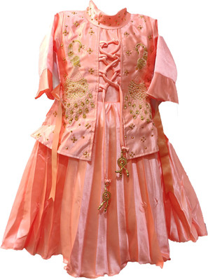 socho samjo Girls Midi/Knee Length Festive/Wedding Dress(Orange, Full Sleeve)