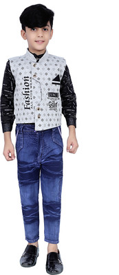 PECULIARITY Boys Festive & Party Shirt, Waistcoat and Pant Set(Grey Pack of 1)