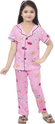 BURBN Kids Nightwear Girls Printed Cotton(Pink Pack of 1)