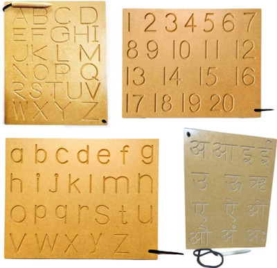 DgCrayons Super Combo ABC Capital, Small And Number And Hind Vowel Wooden Tracing Slate Writing Practice Board with Dummy Pencil Set of 4 Board for Kids Boys & Girls Age 2+(Brown)