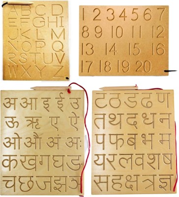 DgCrayons Super Combo ABC Capital And Number And Hindi Swar And Vyanjan Wooden Tracing Slate Writing Practice Board with Dummy Pencil Set of 4 Board for Kids Boys & Girls Age 2+(Brown)