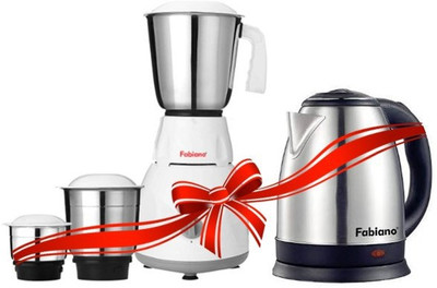 Fabiano 500W Mixer Grinder (White & Grey, 3 Jars) & 1.8L Electric Kettle (Silver)(FAB-MG-03-E18 | 3 Jars | White, Grey)
