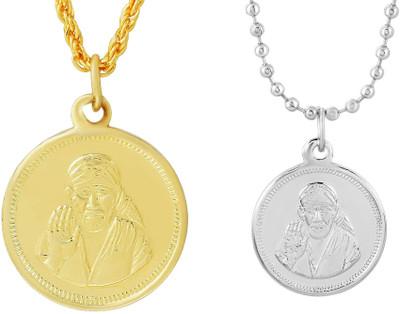 morir Combo of Gold/Silver Plated Reversible Two Sided Engraved Blessing Images of Shirdi Sai Baba/Om Sai Ram Dangle Coin Pendant/Locket Necklace Jewelry for Men Women Girls Gold-plated, Silver Brass Pendant